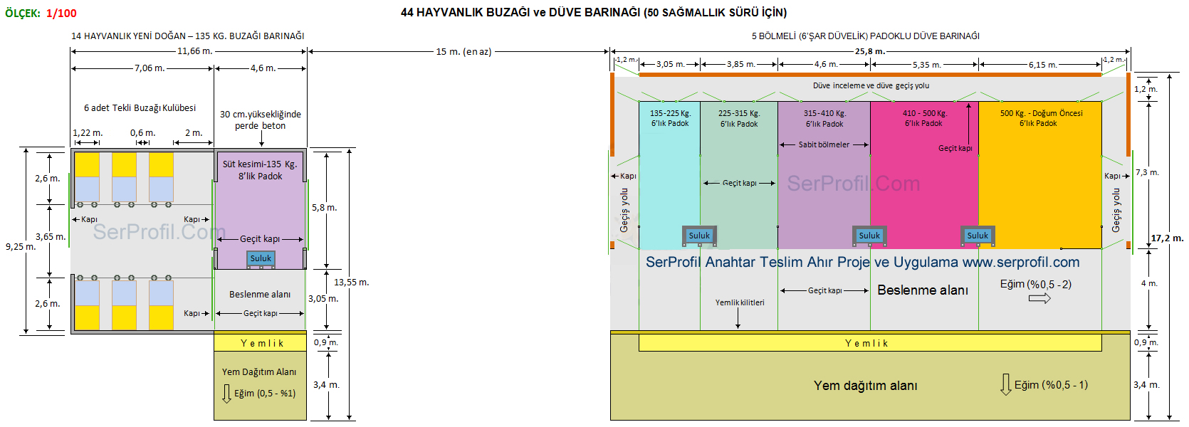 44 Hayvanlık Buzağı ve Padoklu Düve Barınak Planı Alternatif (50 Sağmallık Sürü için)