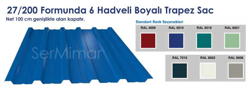 27/200 Formunda 100cm Genişlikte Boyalı Trapez Sac Fiyatları