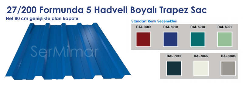 27/200 Formunda 85cm Genişlikte Boyalı Trapez Sac Fiyatları